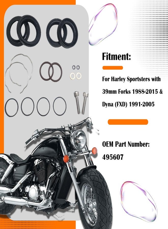 BIGLKNM طقم إصلاح مانعات تسرب شوكة BIGLKNM مقاس 39 مم متوافق مع مانعات تسرب شوكة هارلي سبورتستر 1988-2015 وداينا (FXD) 1991-2005 المزودة بشوكات مقاس 39 مم، رقم القطعة الأصلية 495607 - Image 4